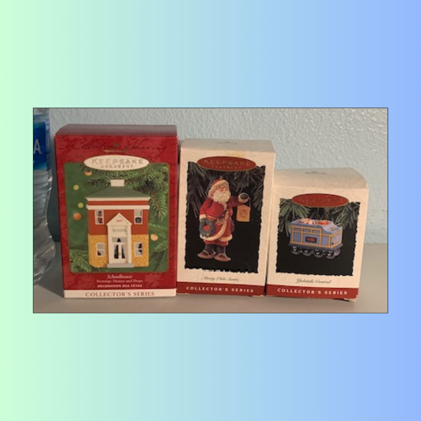 Lot 014: Village, Santa, & Railroad Car Ornaments - set of 3